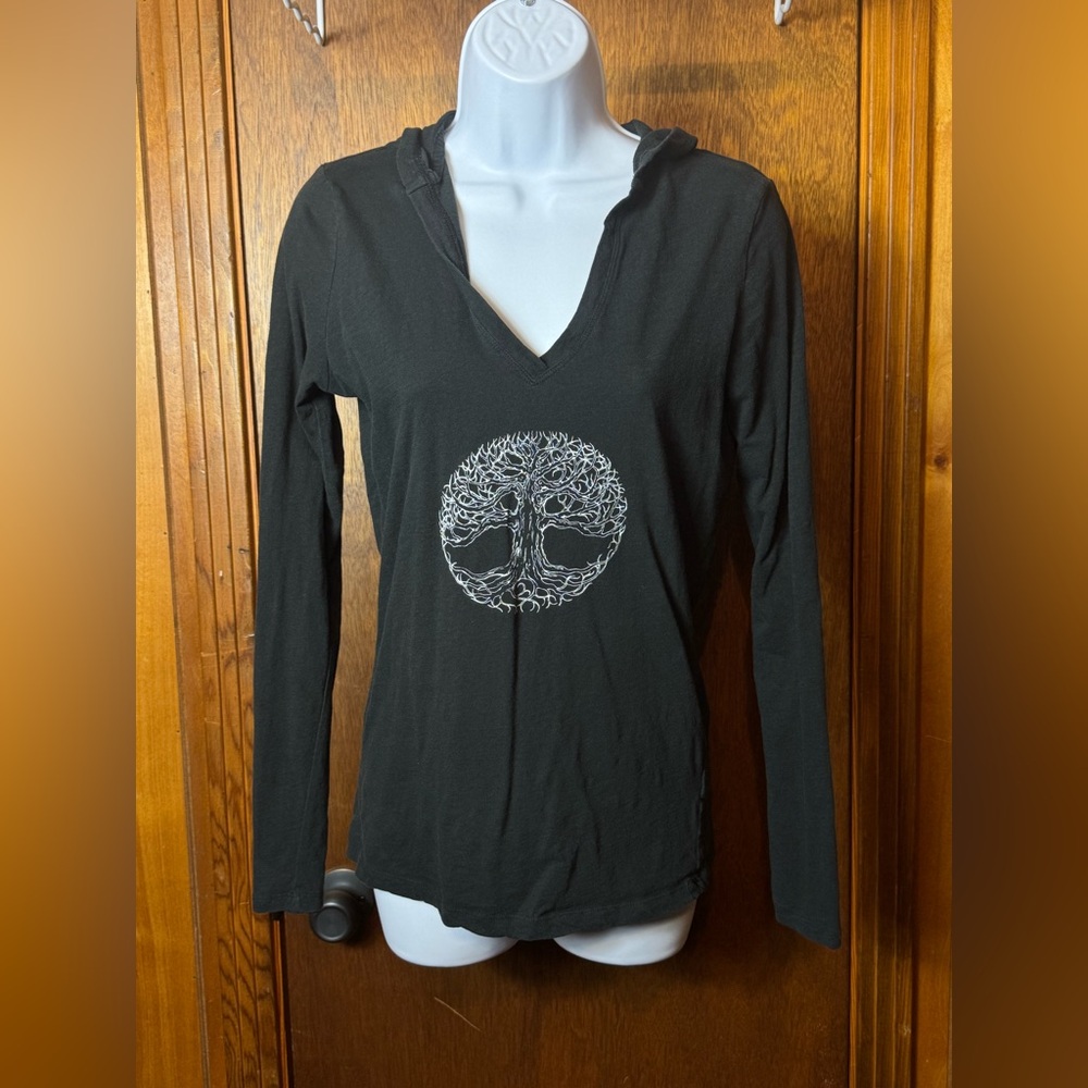 District Black Long Sleeve Top with Tree Motif - M